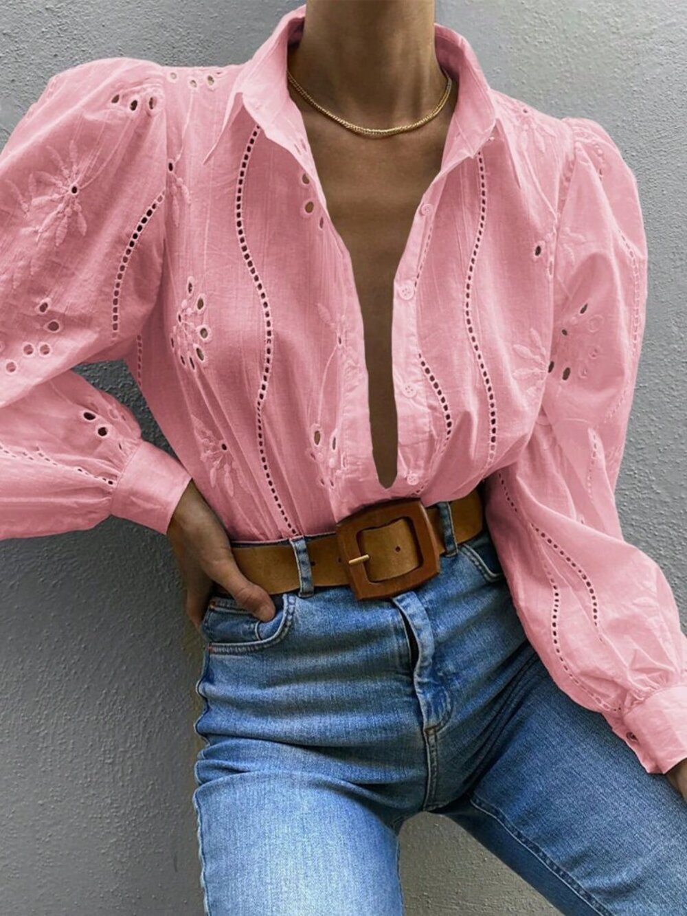 Pink Boho Women's Embroidered Hollow Out Embroidery Blouse - Picture 7 of 10